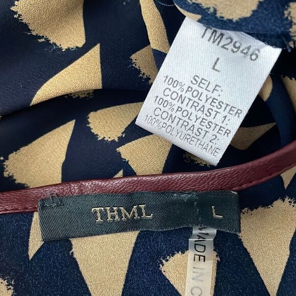THML Abstract Geometric Printed Faux Leather Trim Blouse L - Picture 3 of 8